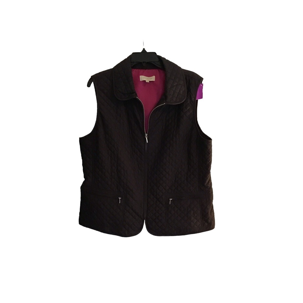 Talbots Puffer Vest Women Large Brown Cotton Quilted Collared Sleeveless